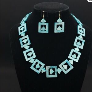 Vintage Blue Geometric Necklace and Earring Set 1980s